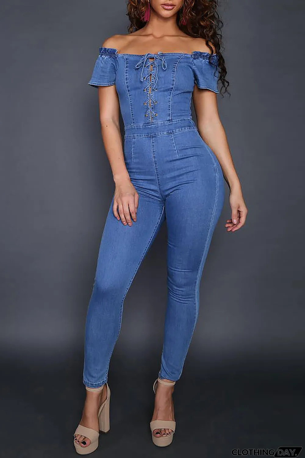 Blue Fashion Casual Solid Backless Off the Shoulder Regular Jumpsuits