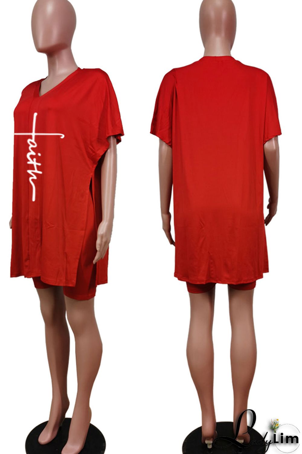 Tangerine Red Casual Print Split Joint V Neck Short Sleeve Two Pieces