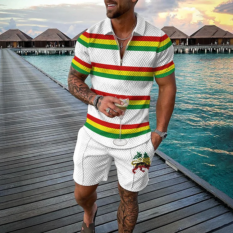 Broswear Juneteenth Stripes Rasta Polo Shirt And Shorts Co-Ord