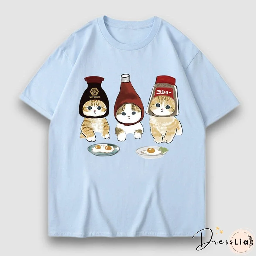 Three Cat Cartoon Print Tee