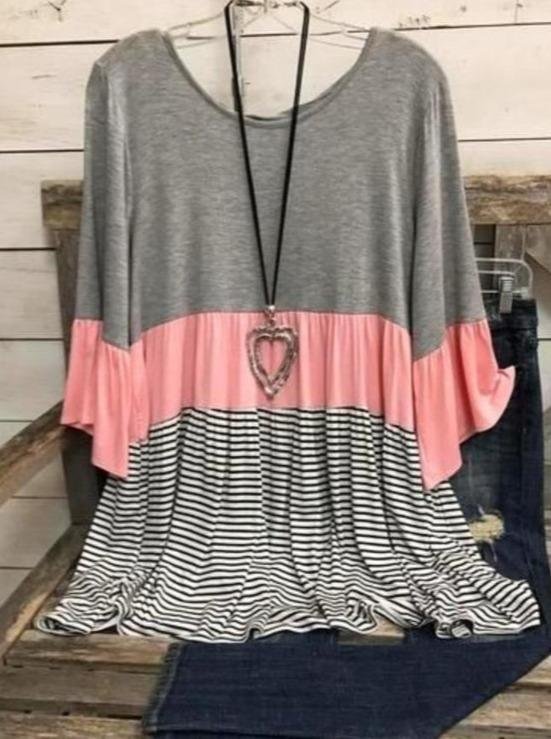 Striped Stitching Round Neck Loose Casual T-shirt