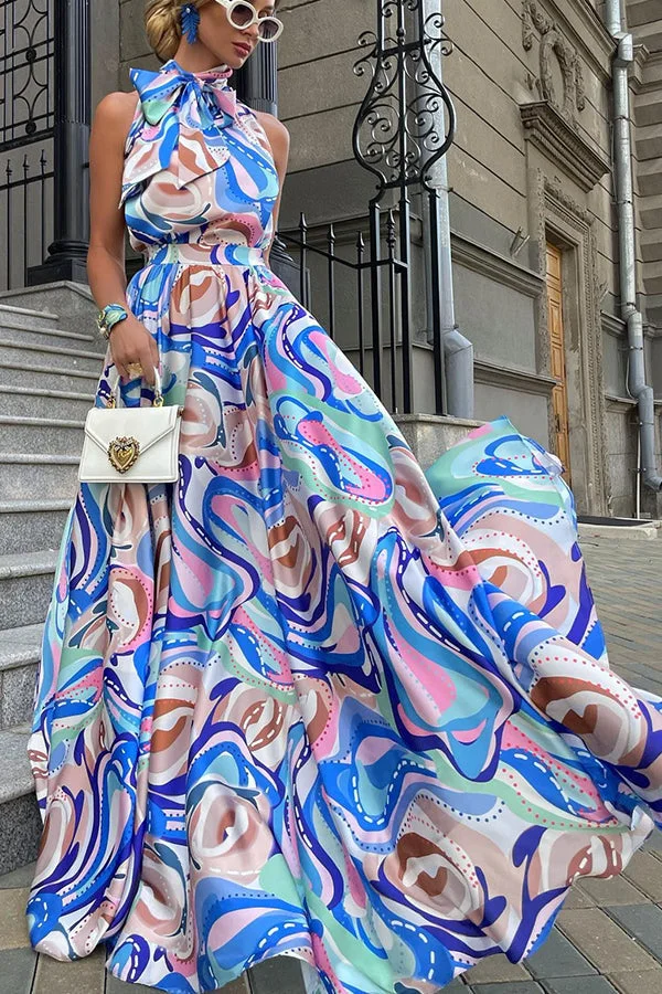 Lilipretty Ocean Life Printed Halter Bow Maxi Dress