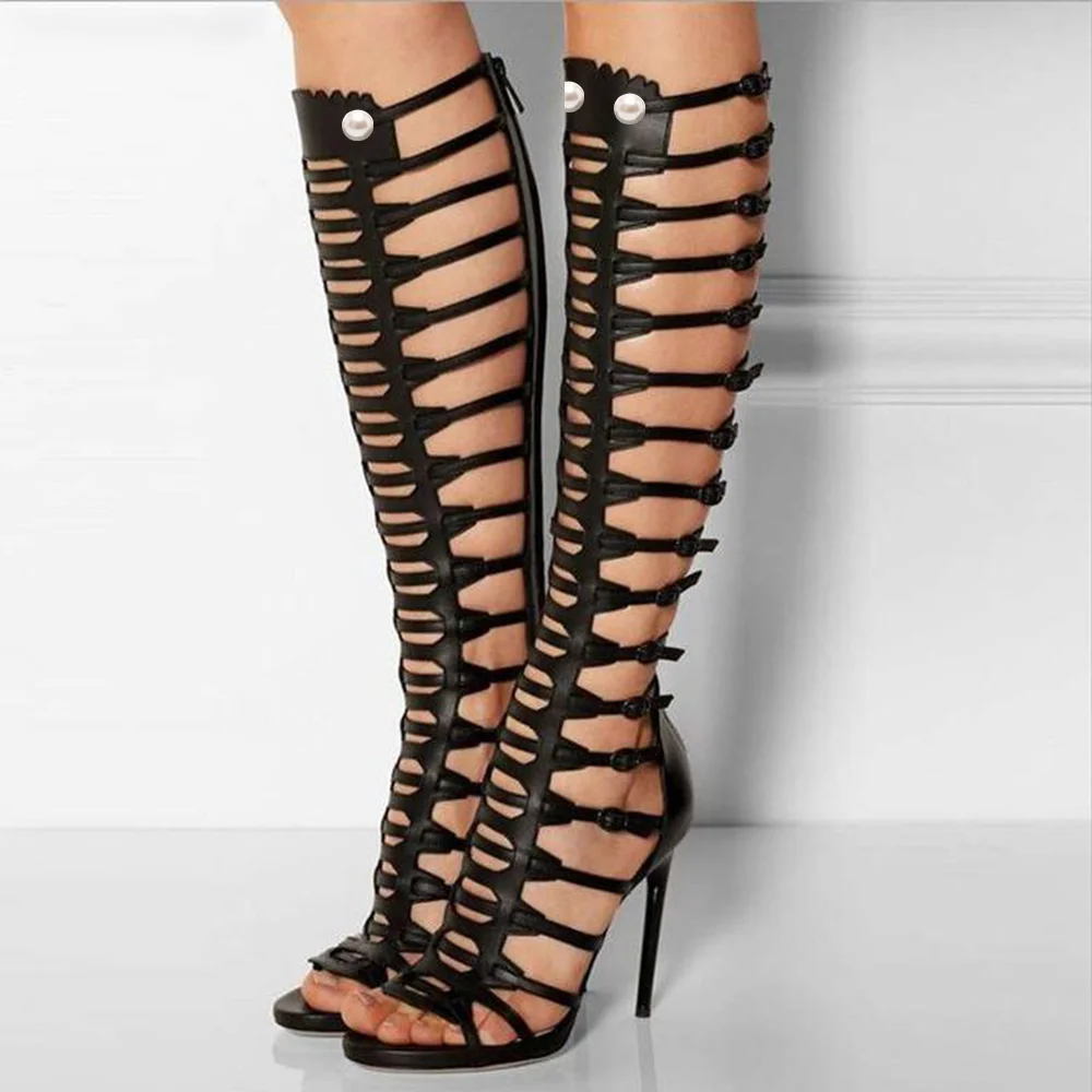 Black Gladiator Pointed Toe 4'' Stiletto Heel Sandals for Women Nicepairs