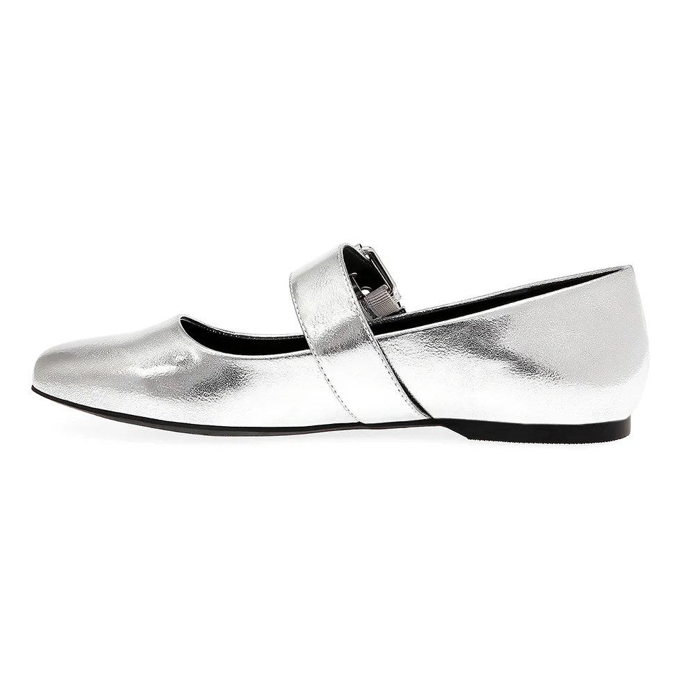 Metallic Silver Square Toe Mary Jane Ballet Flats with Buckle