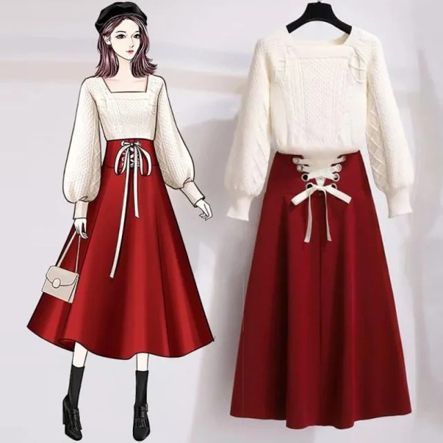 Korean Two-piece Square Neck Sweater High Waist Skirt Set SP16730