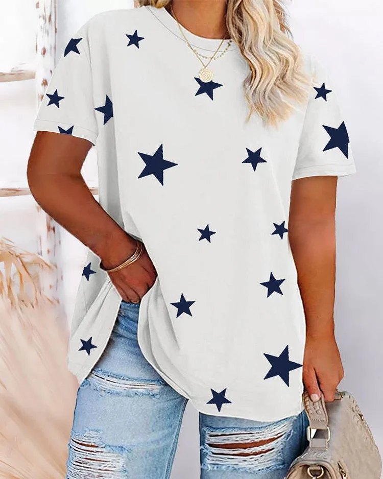 Plus Size Star Print Round Neck T-Shirt