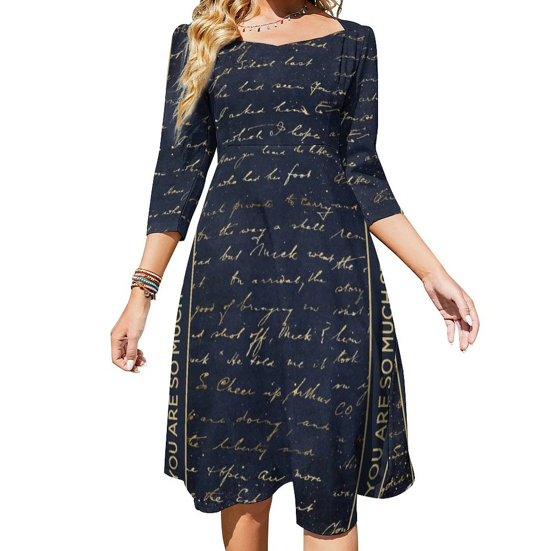 You Are Stronger Inspirational Blue Gold Writings Dress Sweetheart Tie Back Flared 3/4 Sleeve Midi Dresses