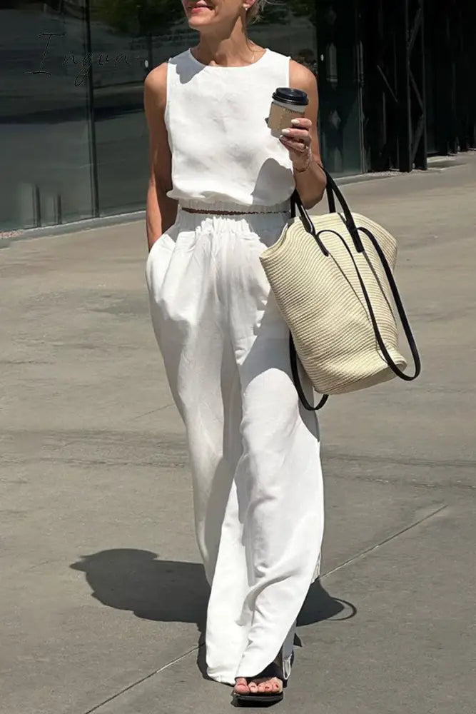 Ingvn- Casual Simplicity Solid Pocket Slit O Neck Sleeveless Two Pieces White / S Pieces/Two-Piece
