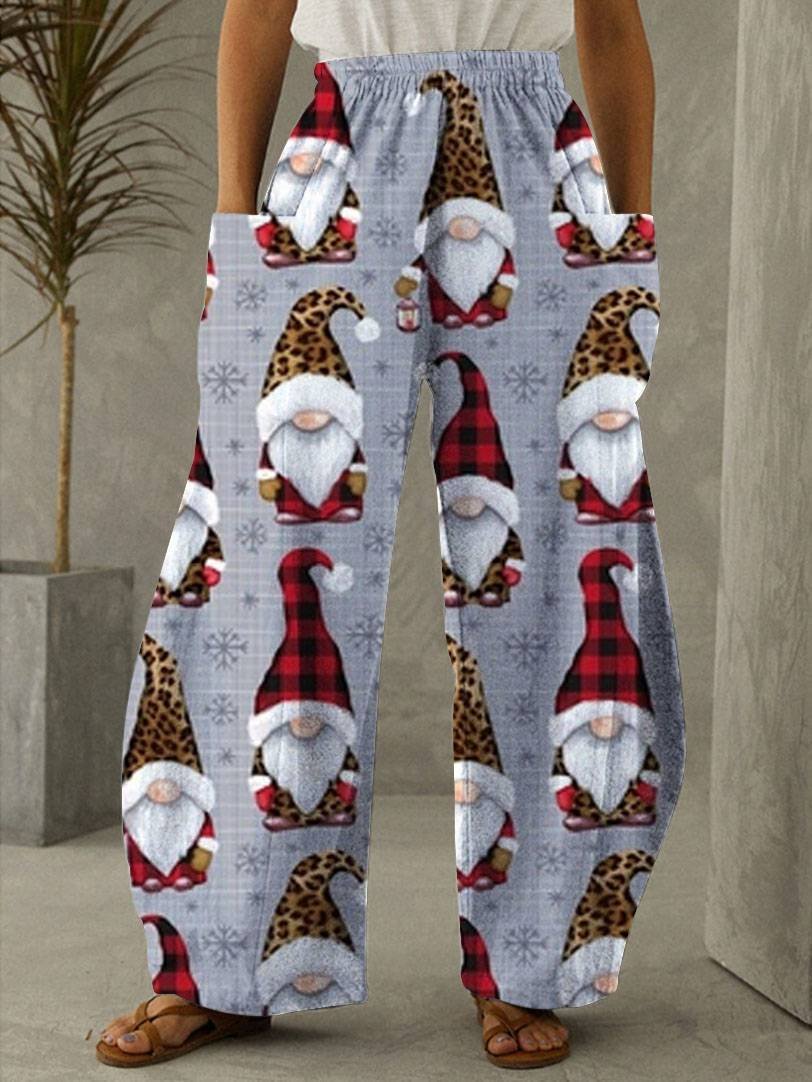 Leopard And Plaid Christmas Gnomes Print Casual Loose Pants