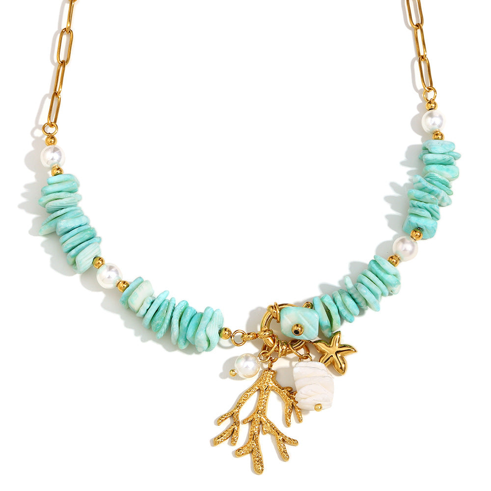 Small Exaggerated Design Stainless Steel 18K Gold Plated Coral Heart Seashell Ring Pendant Necklace