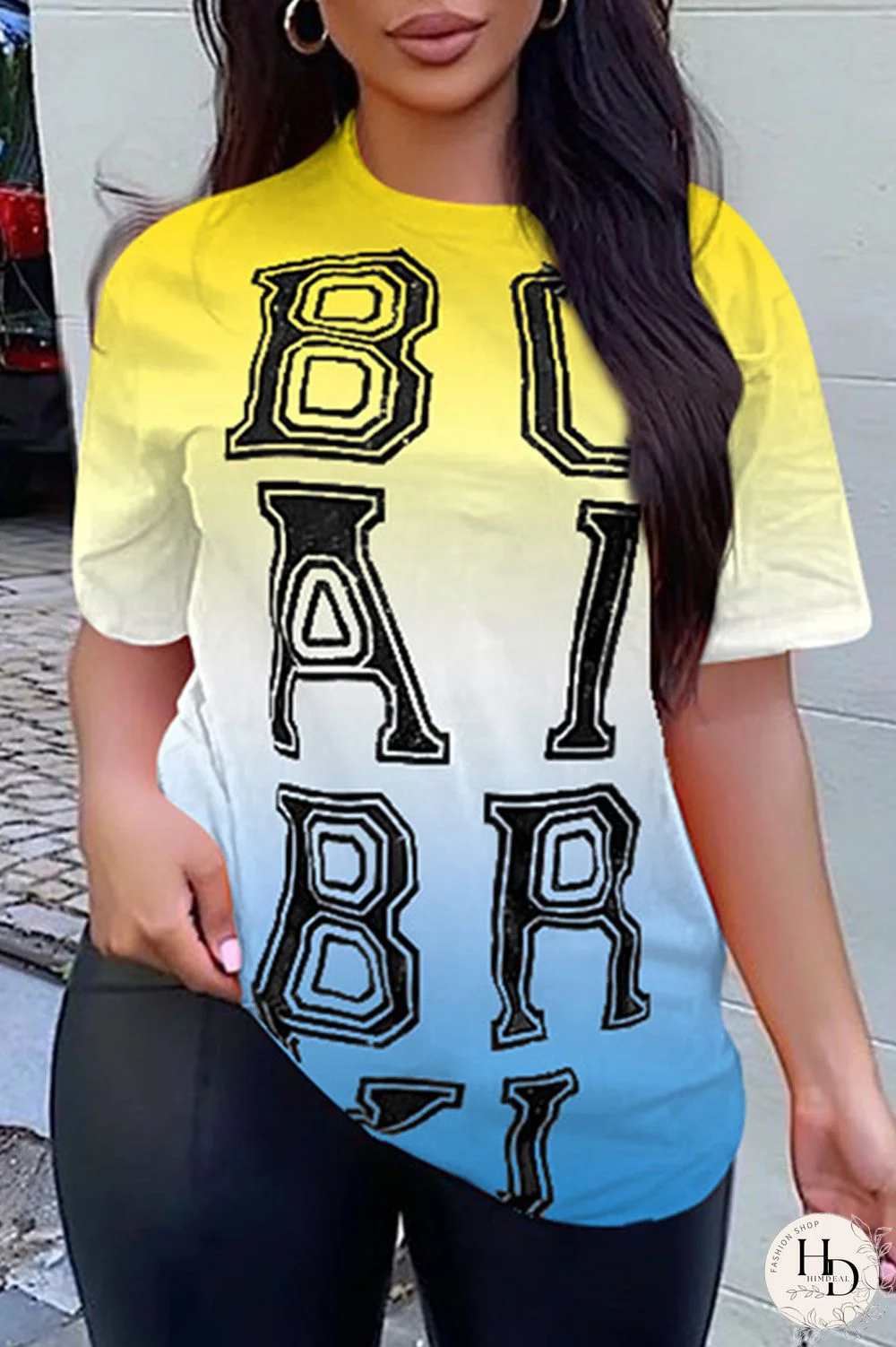 Yellow Fashion Casual Gradual Change Letter Print Basic O Neck T-Shirts