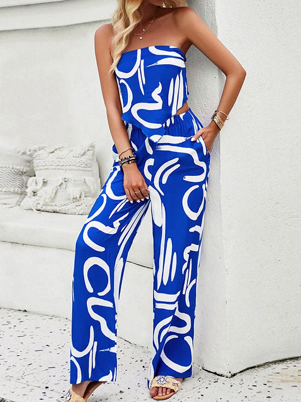 Sleeveless Printed Tied Tube Top + Elasticity Wide Leg Pockets Pants Bottom Two Pieces Set