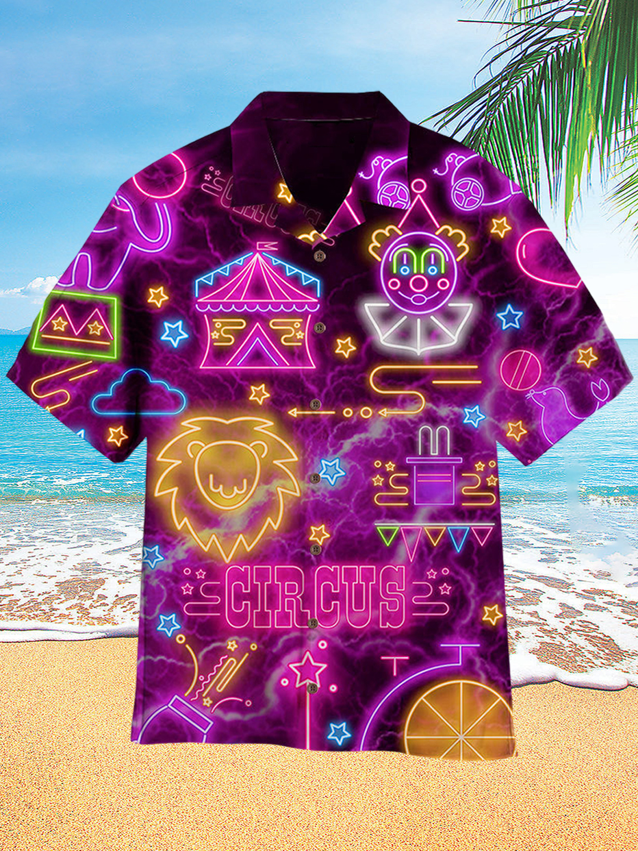 Men's Neon Circus Purple Tropical Hawaiian Short Sleeve Cuban Collar Shirt ​ PLUSCLOTHESMAN