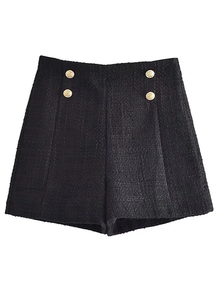 TRAF Women Fashion Front Metal Buttons Tweed Shorts Vintage High Waist Side Zipper Female Short Pants Mujer