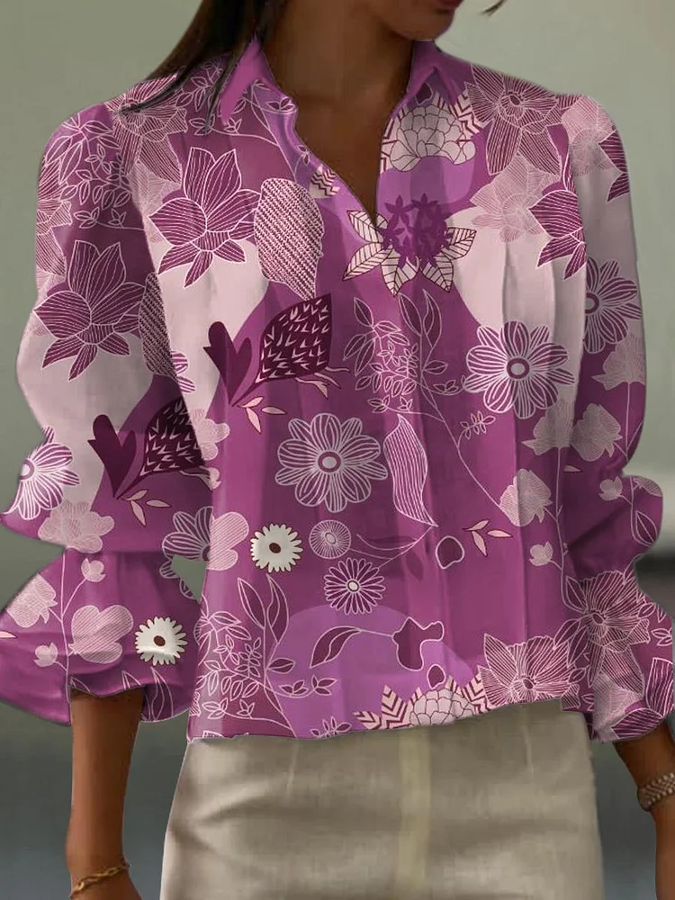 Women's Vintage Floral Art Print Casual Short Sleeve Cotton And Linen Shirt