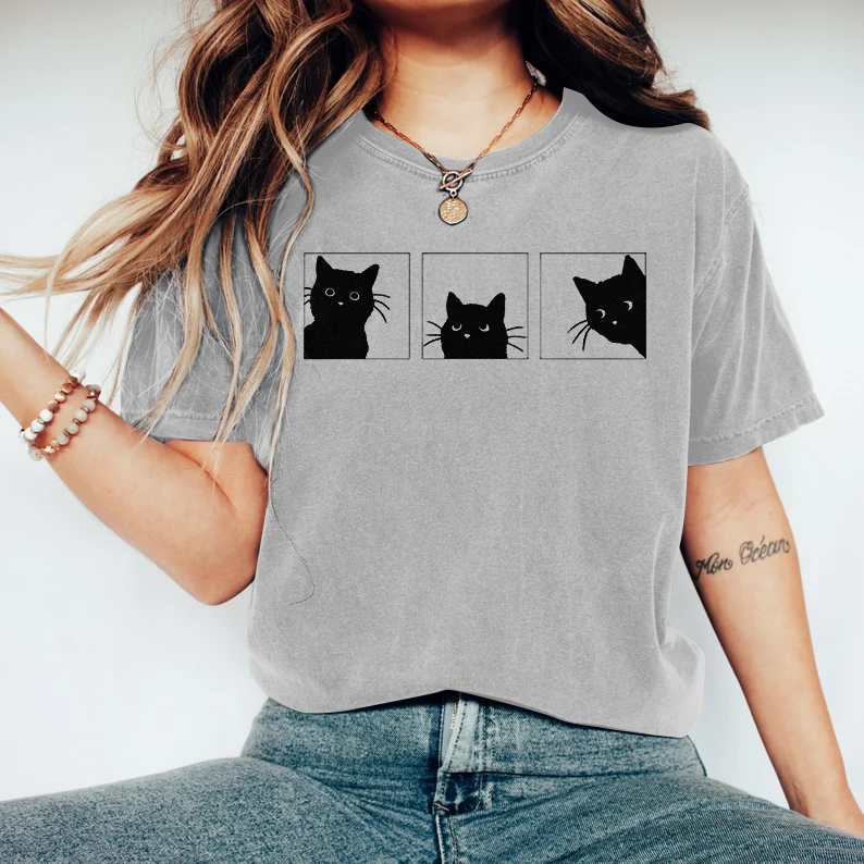 Comstylish Women's Abstract Creative Cute Black Cat Art Print T-shirt