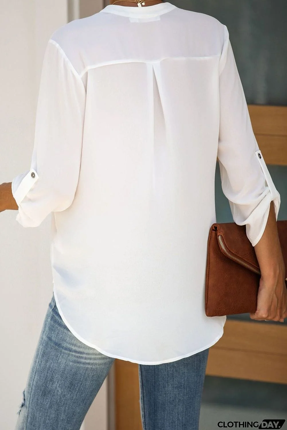 Split Collar Roll Up Sleeve Blouse