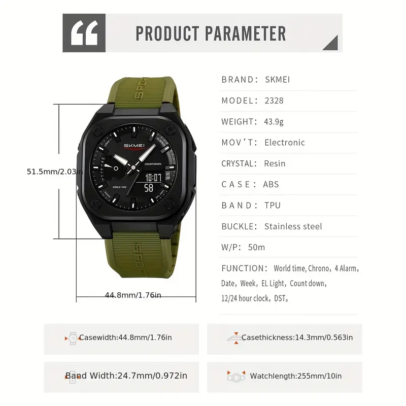   mens   military   wristwatch with     and date   electronic movement sports style round dial tpu strap to 30m details 3