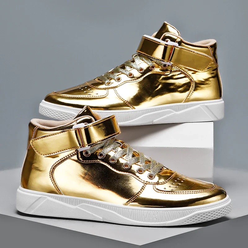 Qengg Trendy Gold Mirrors Sneakers Men Luxury Designer Shoes Plus Size High Top Men Casual Sneakers Spring Autumn Zapatos Hombre