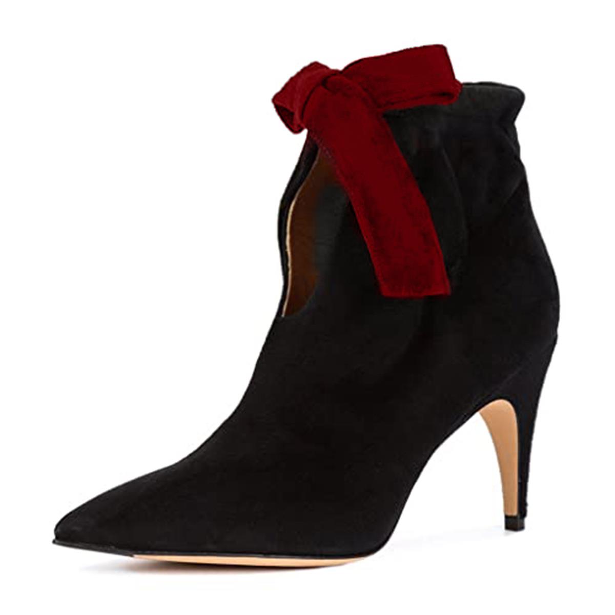 Women's Vegan Suede Pointed Toe Bowknot Decor Heeled Ankle Boots Nicepairs