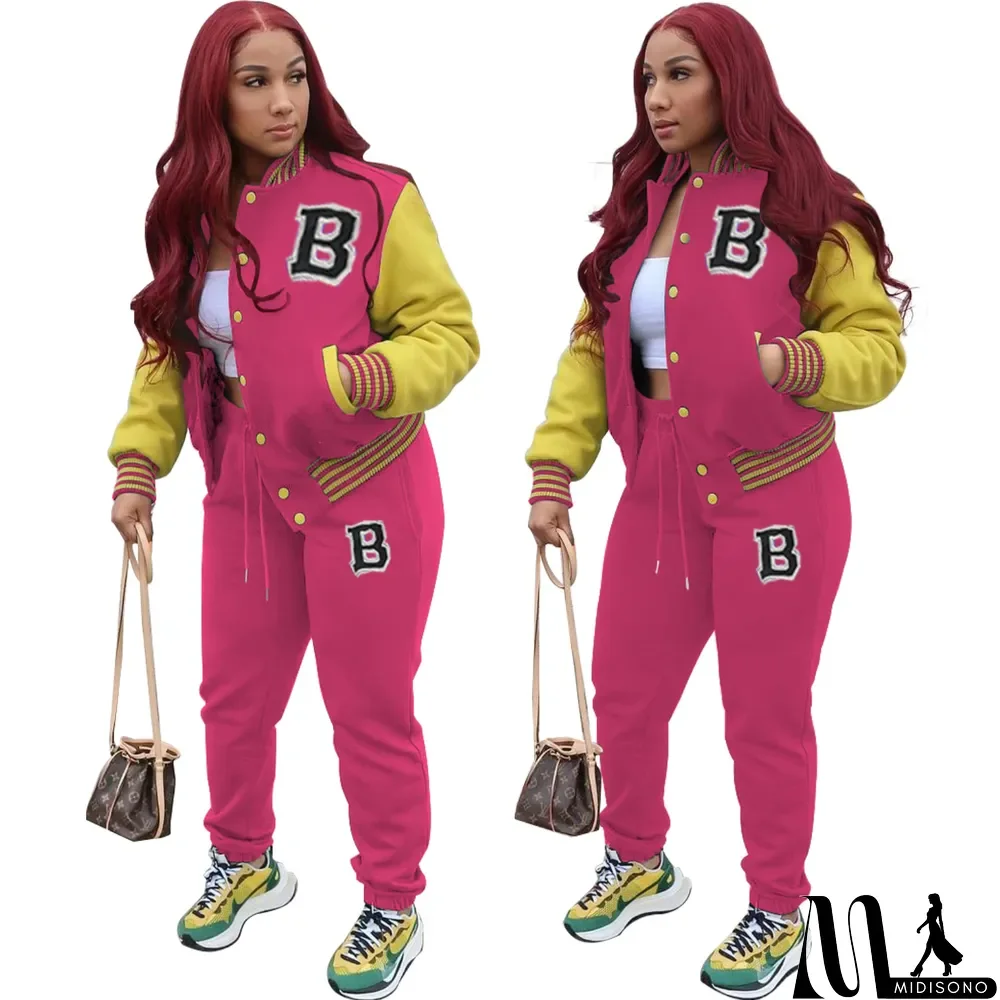 MidiSono - Women Letter Baseball Jacket and Pant Two-Piece Set