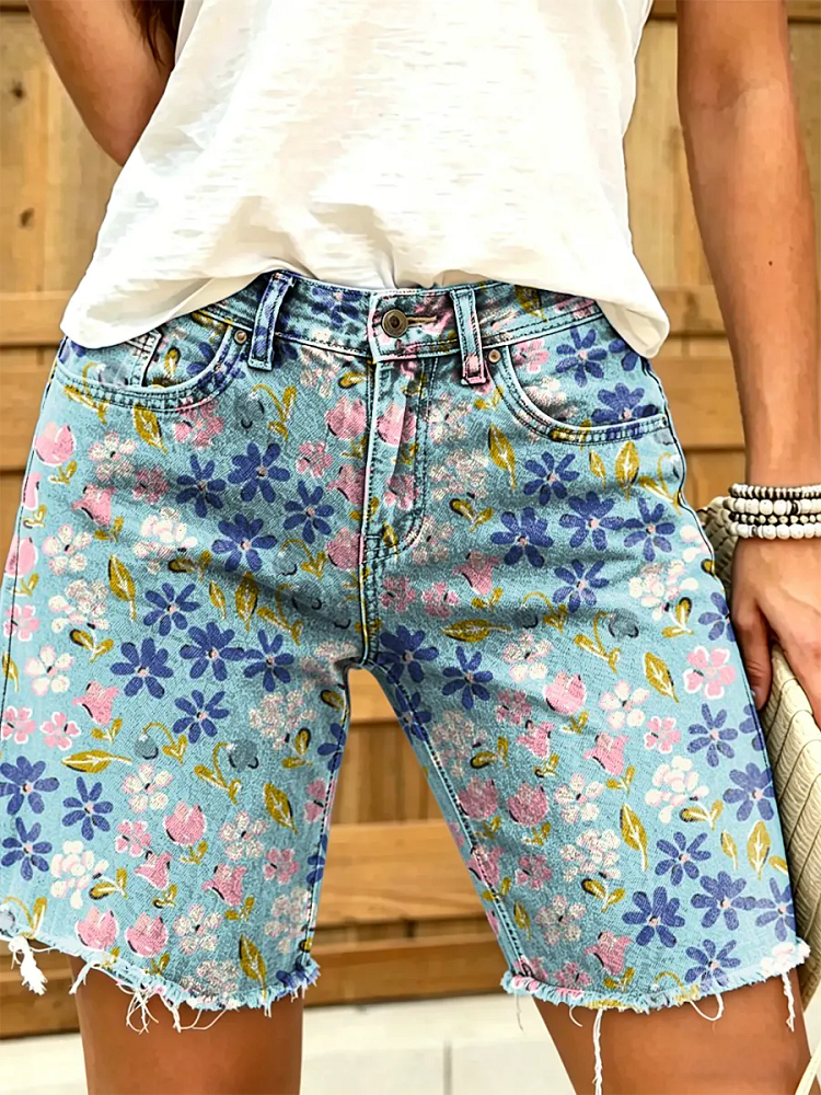 Women's Vintage Floral Art Print Fashion Denim Shorts