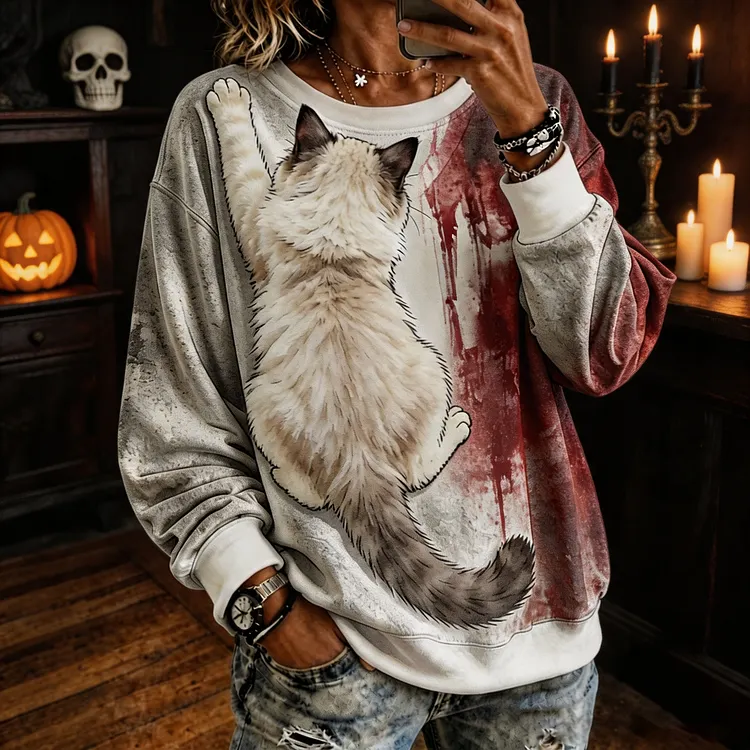 Women&rsquo;s Realistic 3d Fluffy Back View Ragdoll Cat Clinging Cat In Bloody Print Crewneck Sweatshirt