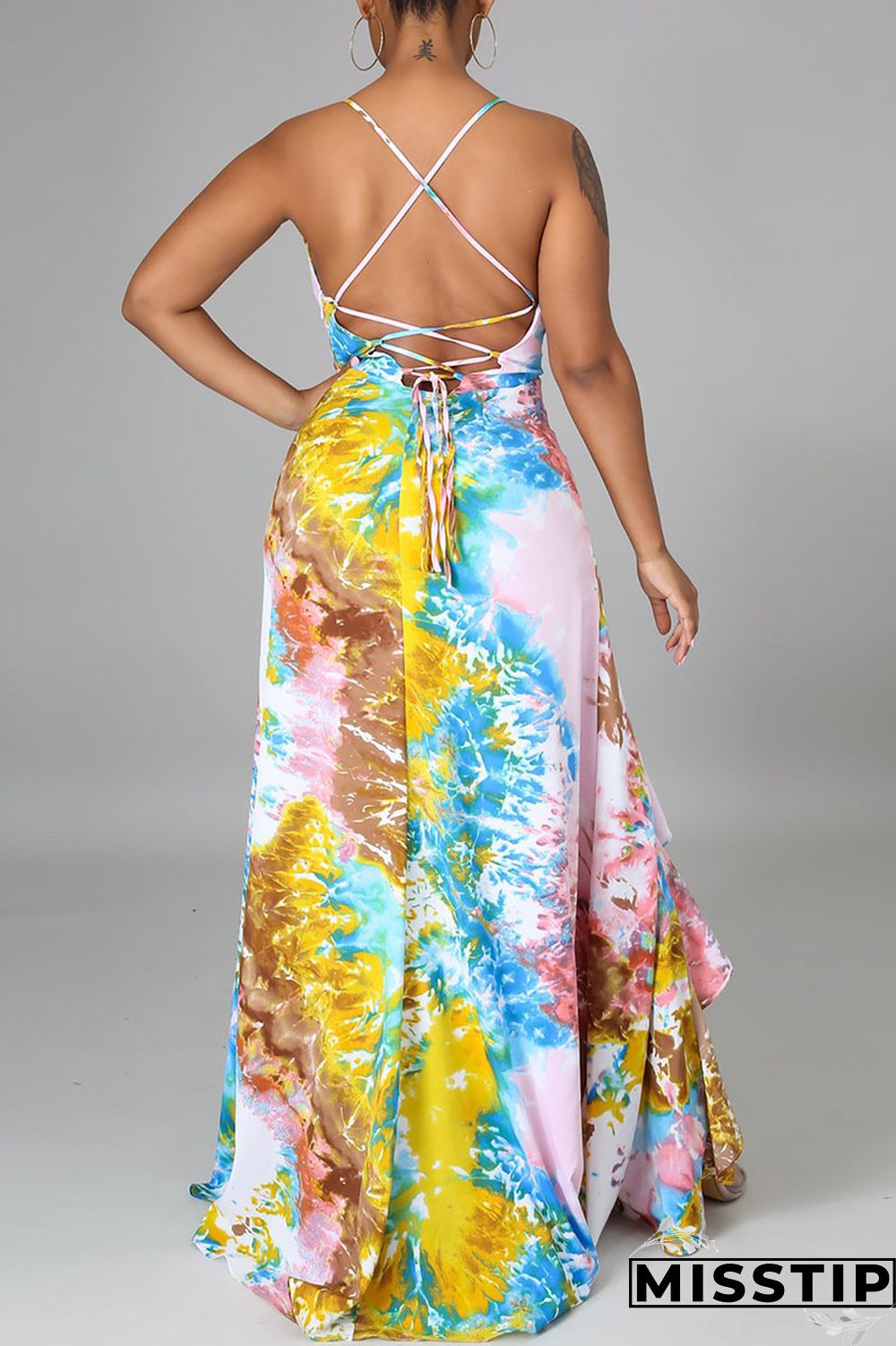Multicolor Sexy Print Patchwork Backless Flounce Asymmetrical V Neck Sling Dress Dresses