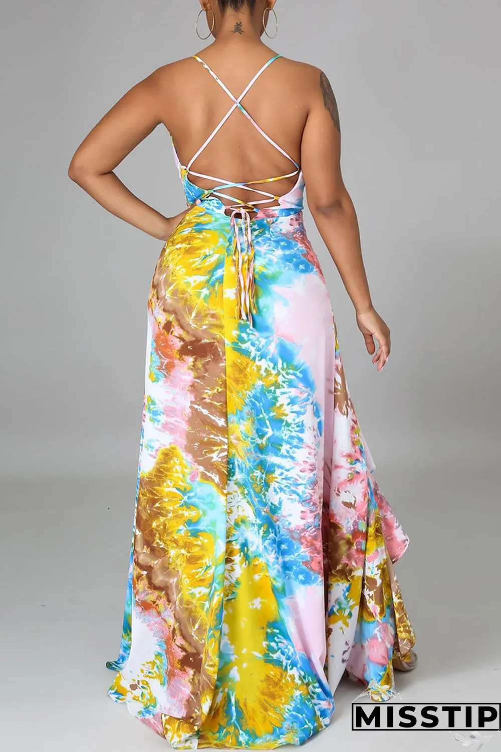Multicolor Sexy Print Patchwork Backless Flounce Asymmetrical V Neck Sling Dress Dresses
