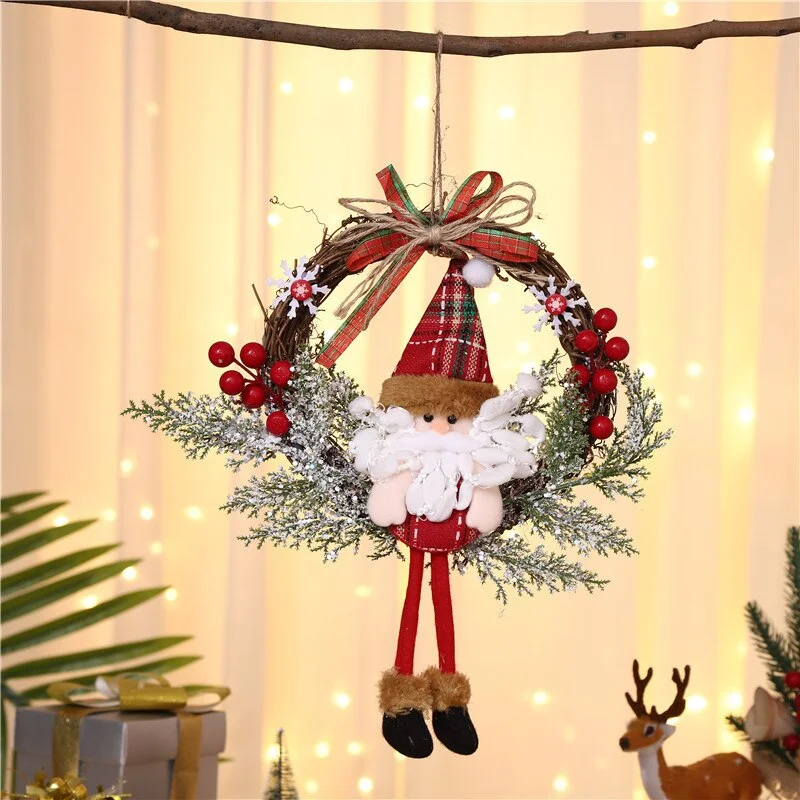 Christmas Gift Christmas Pendant Decorations Garland Santa Claus Cartoon Doll Door Window Pendant Rattan Circle Garland Happy New Year 2022