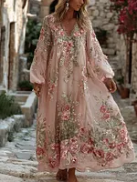 Women's Pink Floral Embroidered Art V-neck Loose Midi Dress