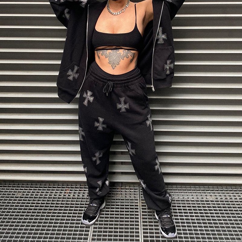 Quantumsparkhub Hip Hop Rhinestone Sweatpants Suit Y2k Long Sleeve Zip Up Hoodies Punk Gothic Joggers Sweatshirts Suits Sport Jacket Streetwear