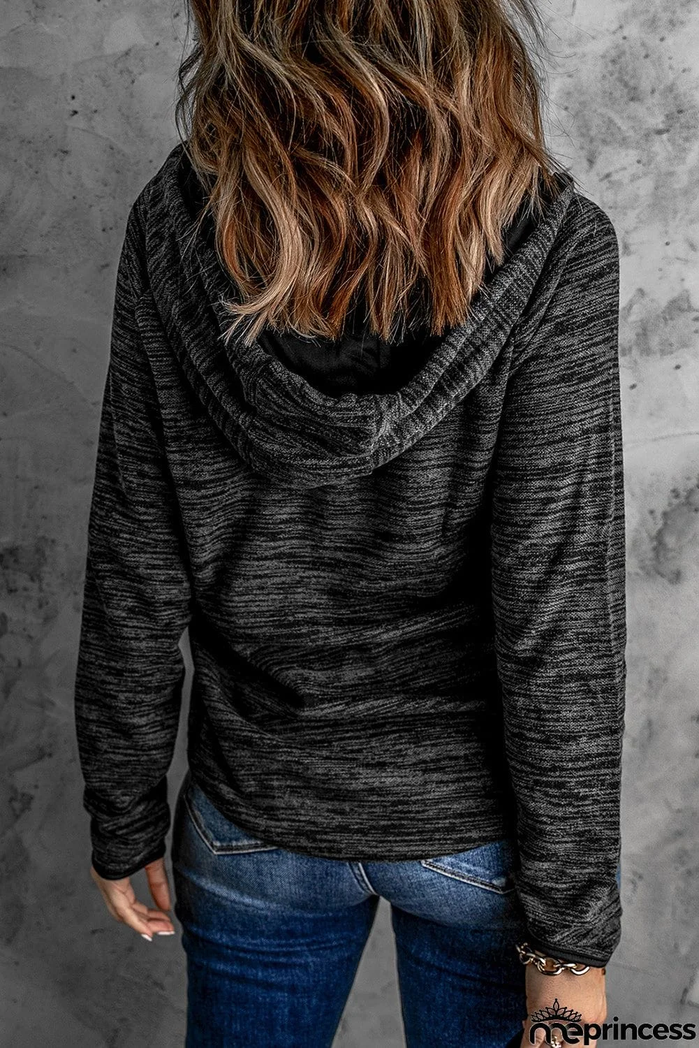 Women's Black Heathered Print Button Snap Neck Pullover Hoodie