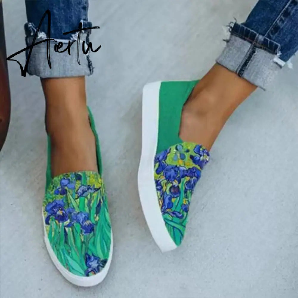 Aiertu Women Flat Shoes Casual Summer Patchwork Printed Leisure Loafers Women Shoes Canvas Slip On Sneakers Women's Vulcanize Shoes Aiertu