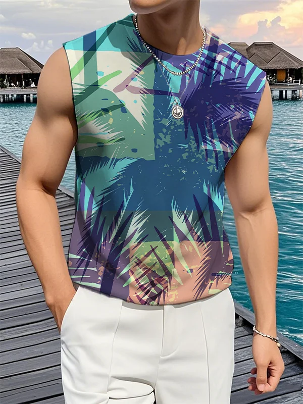 Men's Hawaii Tropical Plants Aesthetic Art Print Vacation Tank Top