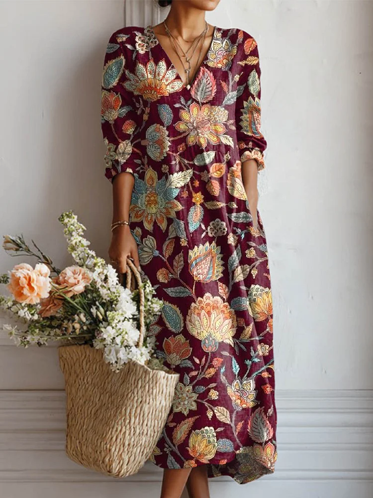 Women's Vintage Floral Art Print Cotton And Linen Pocket Dress