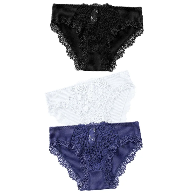 3PCS Cotton Panties Underwear Solid Women Sexy Lace Underpants Soft Briefs Set Female Intimates Plus Size Lingerie Panty XL XXL