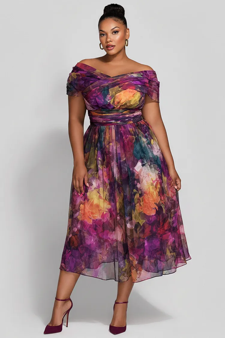 Xpluswear Design Plus Size Cocktail Party Purple Floral Wrap Neck Short Sleeve Pleated Chiffon Midi Dresses [Pre-Order] 2024 - Xpluswear