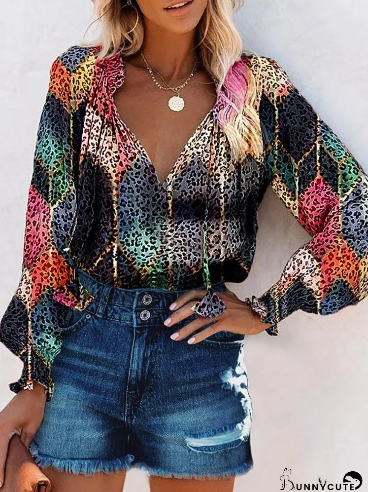 Printed Long Sleeves V Neck Blouses