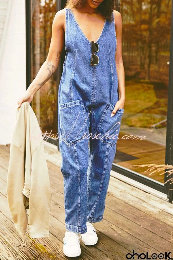 Pocket V Neck Suspender Denim Jumpsuit