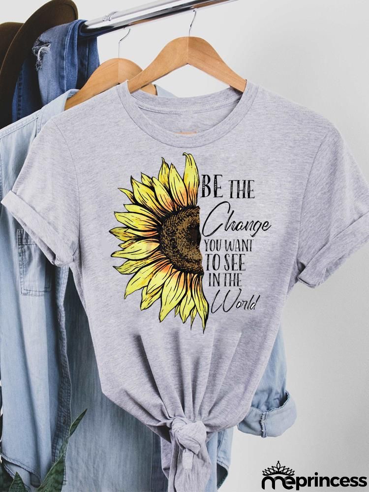 Women Fashion Base Letter Sunflower Cross Print Round Neck Short Sleeve T-Shirt