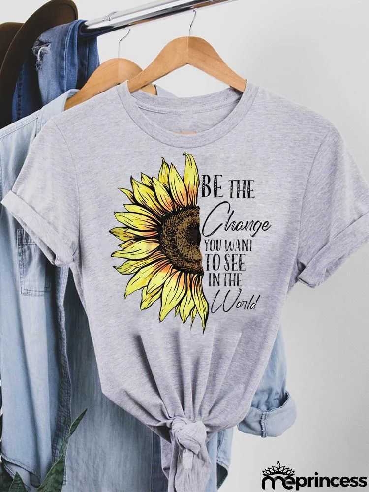 Women Fashion Base Letter Sunflower Cross Print Round Neck Short Sleeve T-Shirt