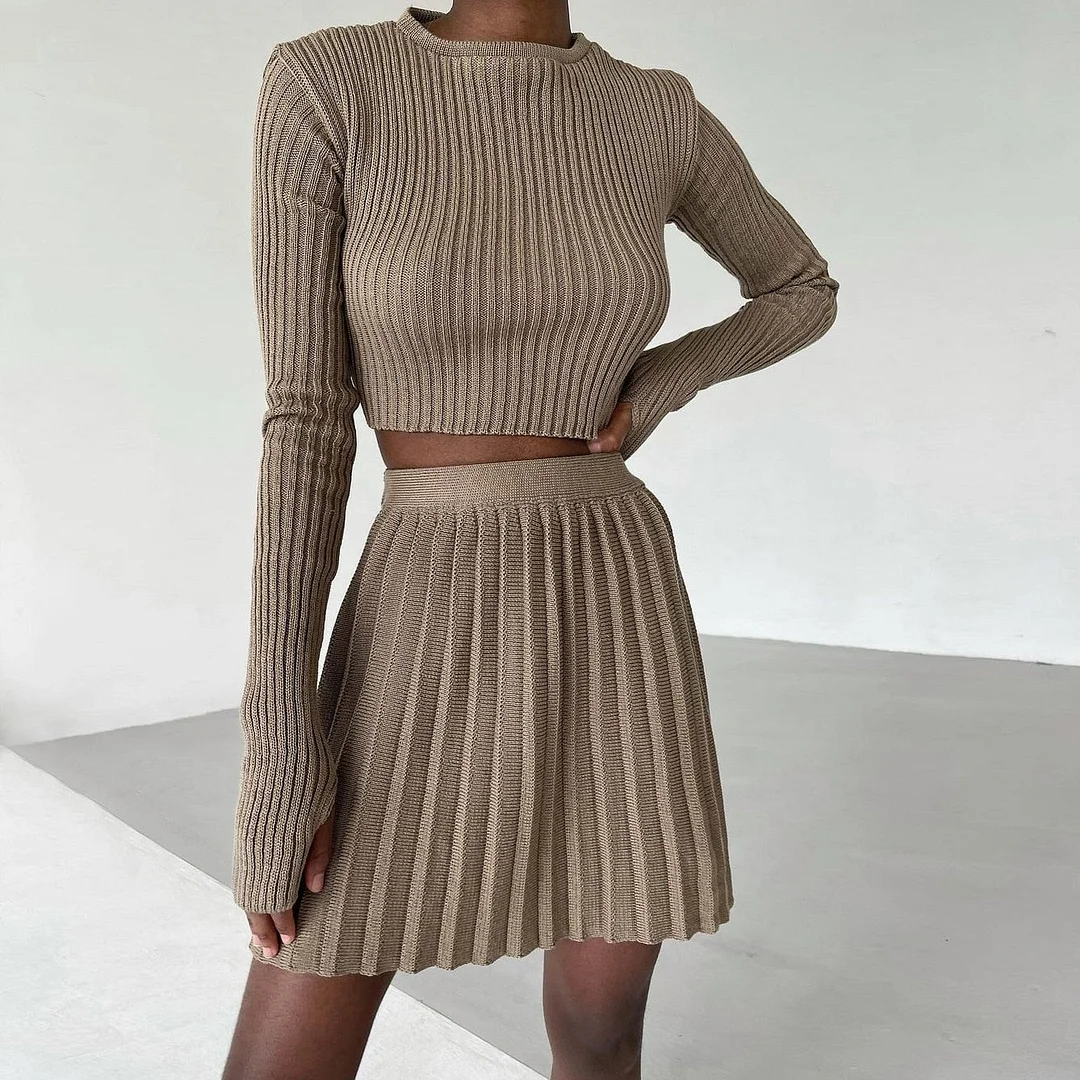 Tossy Knit Two Piece Sets Mini Pleated Skirt Suits Long Sleeve Cropped Sweater Top For Women 2021 Casual Outfits Matching Sets