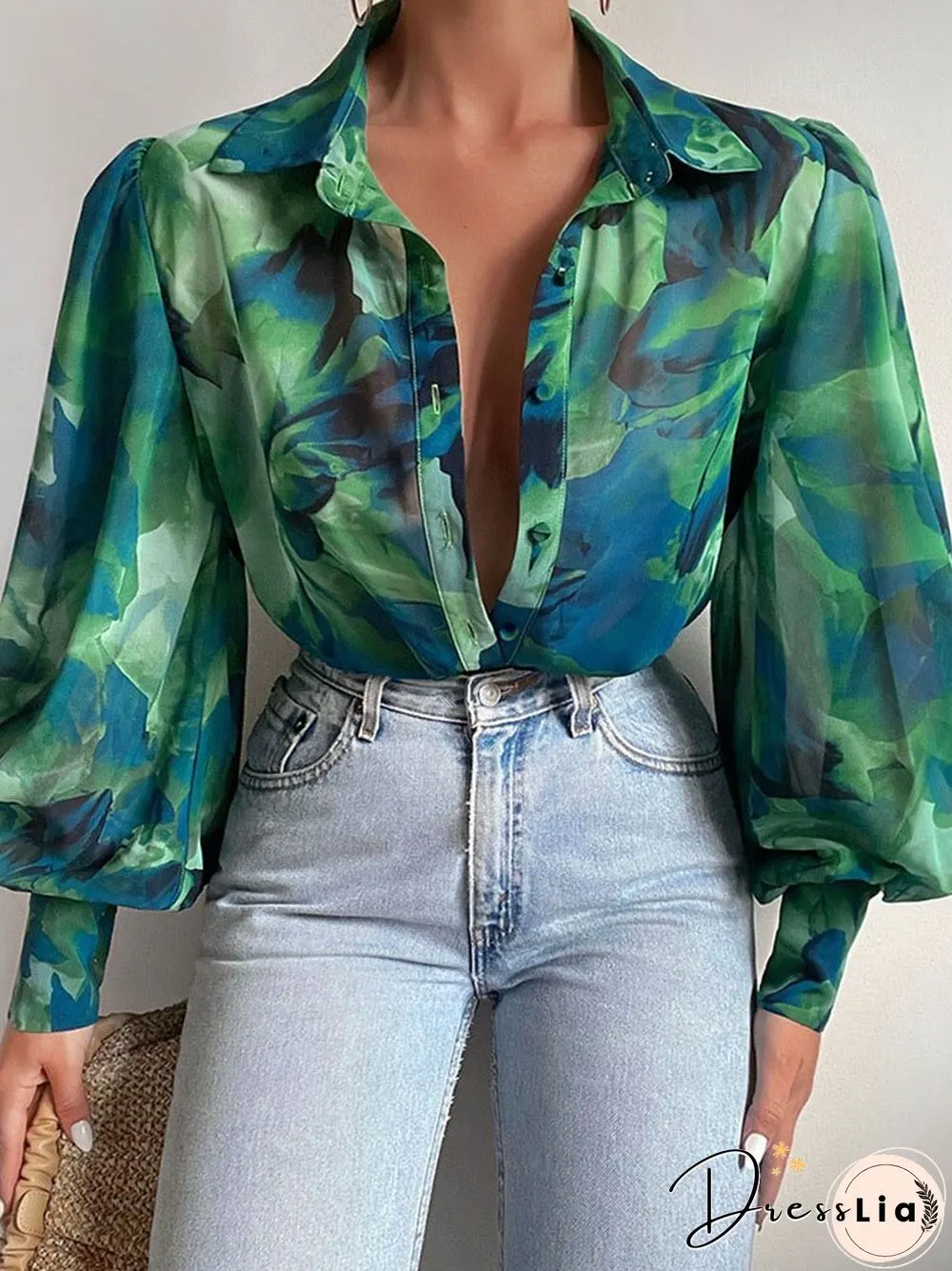 Fashion Retro Printed Pattern Button Blouses Tops Women Spring Commute Blusas Mujer New