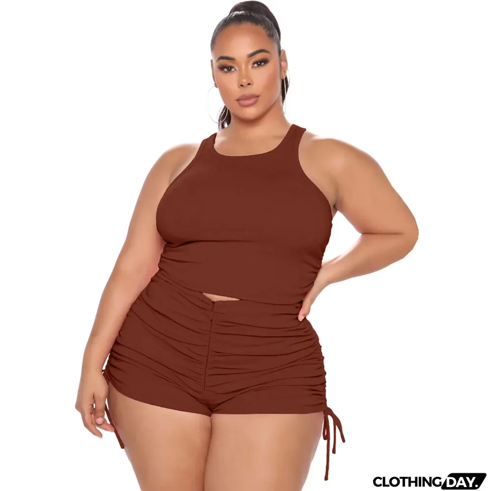 Plus Size Women's Tank Top Pleated Casual Shorts Two Piece Set