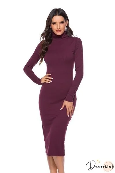 Ribbed Turtleneck Long Sleeve Dress