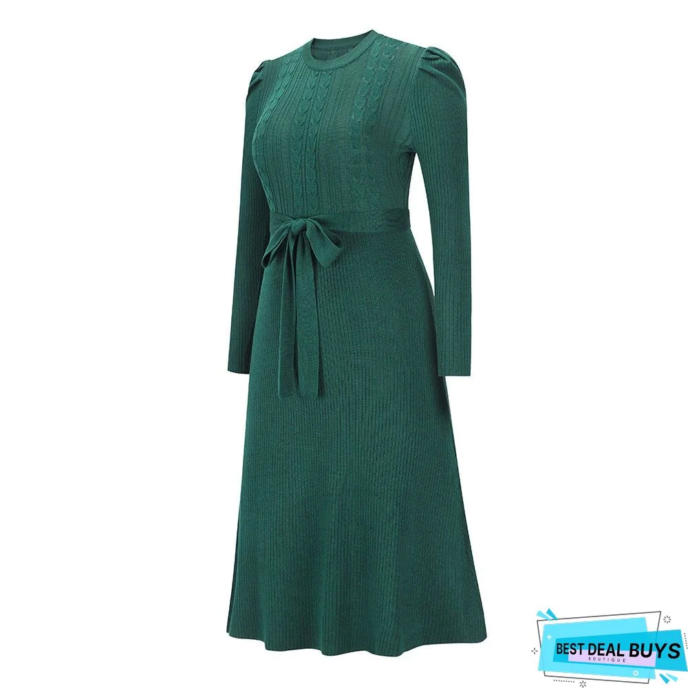 Bubble Long Sleeve Knitted Skirt Medium Long Wool Dress Black Dresses