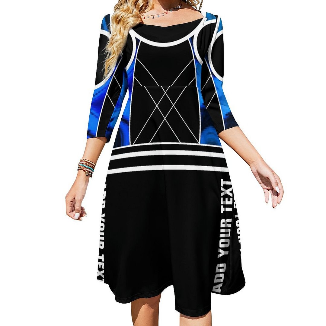 Add Text Sporty Geometric Blue Black Jade Marble Dress Sweetheart Tie Back Flared 3/4 Sleeve Midi Dresses