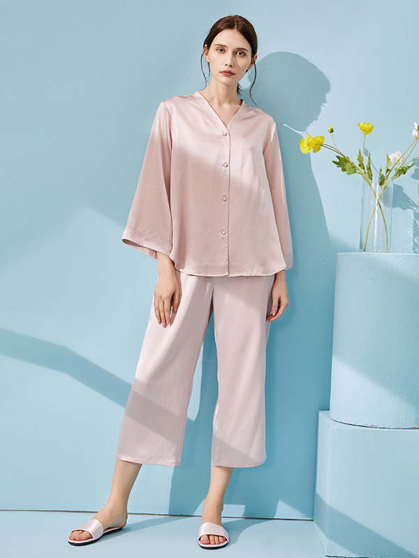 Classic V Neck Silk Pajamas Set-Real Silk Life