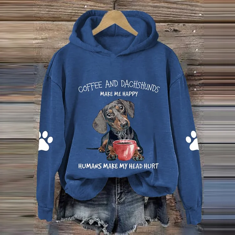VChics Coffee And Dachshund Make Me Happy Printed Casual Hoodie